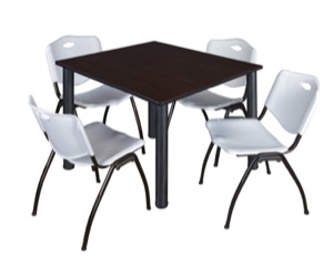Kee 48" Square Breakroom Table - Mocha Walnut/ Black & 4 'M' Stack Chairs - Grey