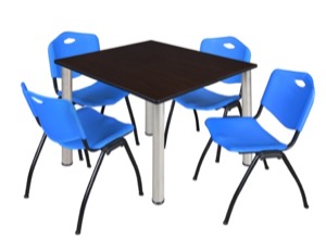 Kee 48" Square Breakroom Table - Mocha Walnut/ Chrome & 4 'M' Stack Chairs - Blue