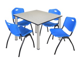 Kee 48" Square Breakroom Table - Maple/ Chrome & 4 'M' Stack Chairs - Blue