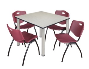 Kee 48" Square Breakroom Table - Maple/ Chrome & 4 'M' Stack Chairs - Burgundy