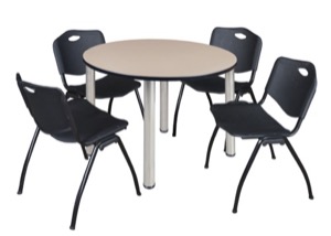 Kee 48" Round Breakroom Table - Beige/ Chrome & 4 'M' Stack Chairs - Black