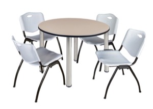 Kee 48" Round Breakroom Table - Beige/ Chrome & 4 'M' Stack Chairs - Grey