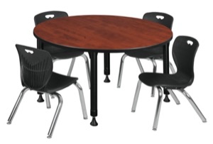 Kee 48" Round Height Adjustable Classroom Table  - Cherry & 4 Andy 12-in Stack Chairs - Black 