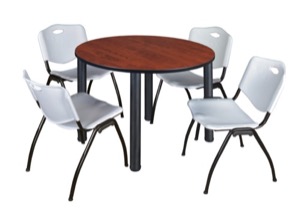 Kee 48" Round Breakroom Table - Cherry/ Black & 4 'M' Stack Chairs - Grey