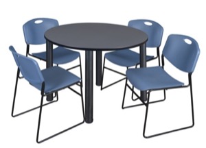 Kee 48" Round Breakroom Table - Grey/ Black & 4 Zeng Stack Chairs - Blue
