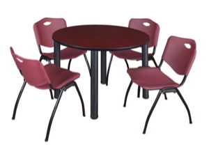 Kee 48" Round Breakroom Table - Mahogany/ Black & 4 'M' Stack Chairs - Burgundy