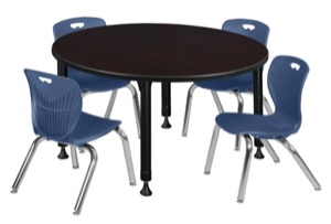 Kee 48" Round Height Adjustable Classroom Table  - Mocha Walnut & 4 Andy 12-in Stack Chairs - Navy Blue