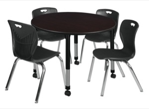 Kee 48" Round Height Adjustable Classroom Table  - Mocha Walnut & 4 Andy 18-in Stack Chairs - Black