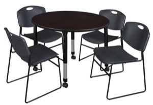 Kee 48" Round Height Adjustable Mobile Classroom Table  - Mocha Walnut & 4 Zeng Stack Chairs - Black