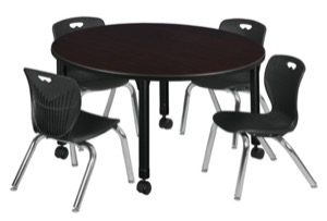 Kee 48" Round Height Adjustable Classroom Table  - Mocha Walnut & 4 Andy 12-in Stack Chairs - Black