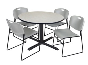 Cain 48" Round Breakroom Table - Maple & 4 Zeng Stack Chairs - Grey