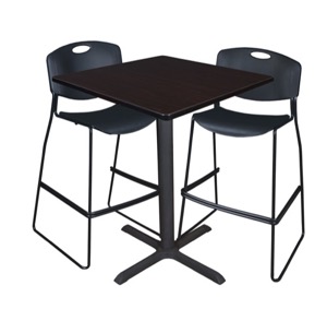 Cain 36" Square Cafe Table - Mocha Walnut & 2 Zeng Stack Stools - Black