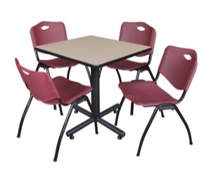 Kobe 30" Square Breakroom Table - Beige & 4 'M' Stack Chairs - Burgundy