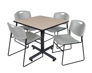 Kobe 36" Square Breakroom Table - Beige & 4 Zeng Stack Chairs - Grey