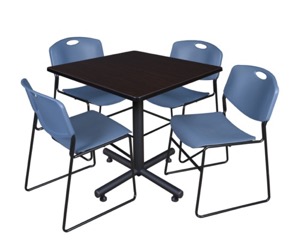 Kobe 36" Square Breakroom Table - Mocha Walnut  & 4 Zeng Stack Chairs - Blue