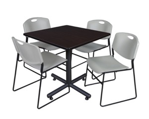 Kobe 36" Square Breakroom Table - Mocha Walnut  & 4 Zeng Stack Chairs - Grey