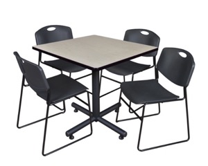 Kobe 36" Square Breakroom Table - Maple & 4 Zeng Stack Chairs - Black