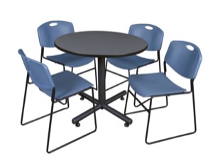 Kobe 36" Round Breakroom Table - Grey & 4 Zeng Stack Chairs - Blue