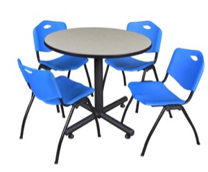 Kobe 36" Round Breakroom Table - Maple & 4 'M' Stack Chairs - Blue