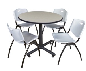 Kobe 36" Round Breakroom Table - Maple & 4 'M' Stack Chairs - Grey
