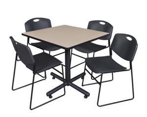 Kobe 42" Square Breakroom Table - Beige & 4 Zeng Stack Chairs - Black