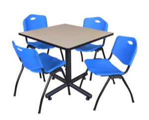 Kobe 42" Square Breakroom Table - Beige & 4 'M' Stack Chairs - Blue