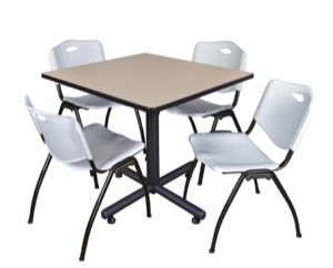 Kobe 42" Square Breakroom Table - Beige & 4 'M' Stack Chairs - Grey