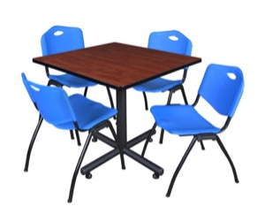 Kobe 42" Square Breakroom Table - Cherry & 4 'M' Stack Chairs - Blue