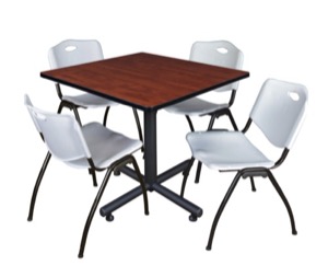 Kobe 42" Square Breakroom Table - Cherry & 4 'M' Stack Chairs - Grey