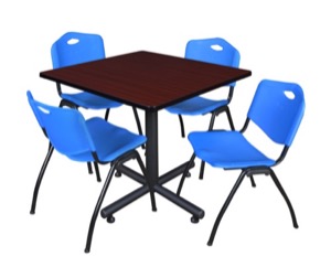 Kobe 42" Square Breakroom Table - Mahogany & 4 'M' Stack Chairs - Blue