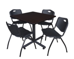 Kobe 42" Square Breakroom Table - Mocha Walnut  & 4 'M' Stack Chairs - Black