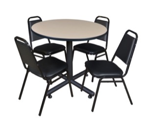 Kobe 42" Round Breakroom Table - Beige & 4 Restaurant Stack Chairs - Black