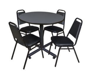 Kobe 42" Round Breakroom Table - Grey & 4 Restaurant Stack Chairs - Black