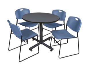 Kobe 42" Round Breakroom Table - Grey & 4 Zeng Stack Chairs - Blue