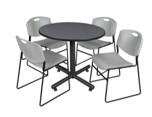 Kobe 42" Round Breakroom Table - Grey & 4 Zeng Stack Chairs - Grey