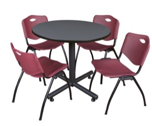 Kobe 42" Round Breakroom Table - Grey & 4 'M' Stack Chairs - Burgundy