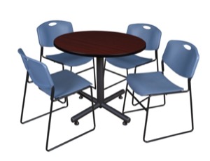 Kobe 42" Round Breakroom Table - Mahogany & 4 Zeng Stack Chairs - Blue