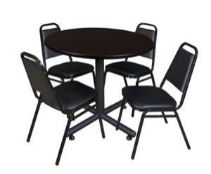 Kobe 42" Round Breakroom Table - Mocha Walnut  & 4 Restaurant Stack Chairs - Black