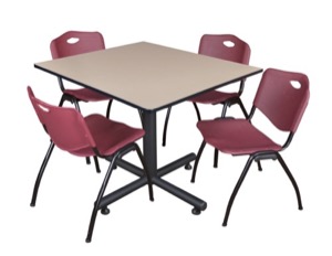 Kobe 48" Square Breakroom Table - Beige & 4 'M' Stack Chairs - Burgundy
