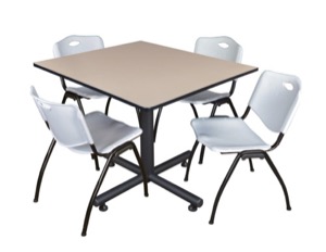 Kobe 48" Square Breakroom Table - Beige & 4 'M' Stack Chairs - Grey