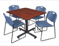 Kobe 48" Square Breakroom Table - Cherry & 4 Zeng Stack Chairs - Blue