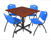 Regency Kobe 48 in. Square X-Base Breakroom Table- Cherry, 4 M Stack Chairs- Blue