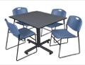 Kobe 48" Square Breakroom Table - Grey & 4 Zeng Stack Chairs - Blue