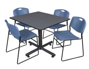 Kobe 48" Square Breakroom Table - Grey & 4 Zeng Stack Chairs - Blue