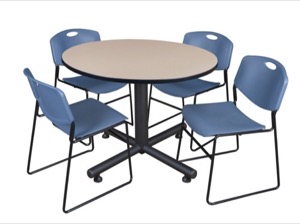 Kobe 48" Round Breakroom Table - Beige & 4 Zeng Stack Chairs - Blue