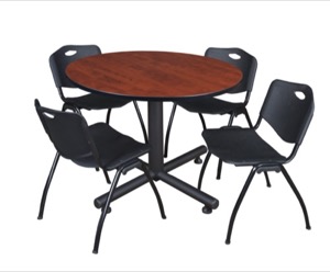 Kobe 48" Round Breakroom Table - Cherry & 4 'M' Stack Chairs - Black