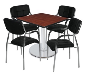 Via 36" Square Platter Base Table - Cherry/Chrome & 4 Uptown Side Chairs - Black