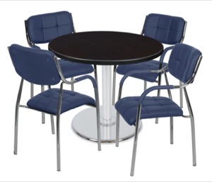 Via 36" Round Platter Base Table - Mocha Walnut/Chrome & 4 Uptown Side Chairs - Navy