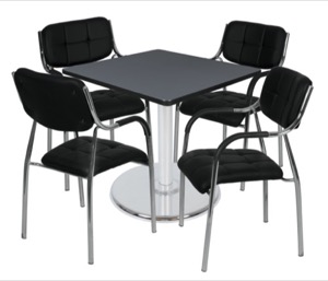 Via 42" Square Platter Base Table - Grey/Chrome & 4 Uptown Side Chairs - Black