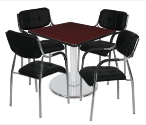 Via 42" Square Platter Base Table - Mahogany/Chrome & 4 Uptown Side Chairs - Black